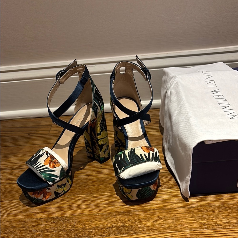 Stuart Weitzman Navy Floral Platform Sandals
